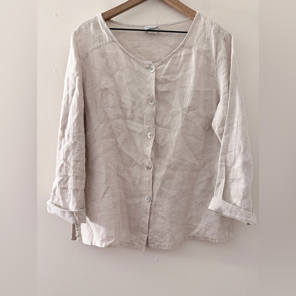 Match Point Beige Oatmeal Lagenlook Long Sleeve Linen Top button front L